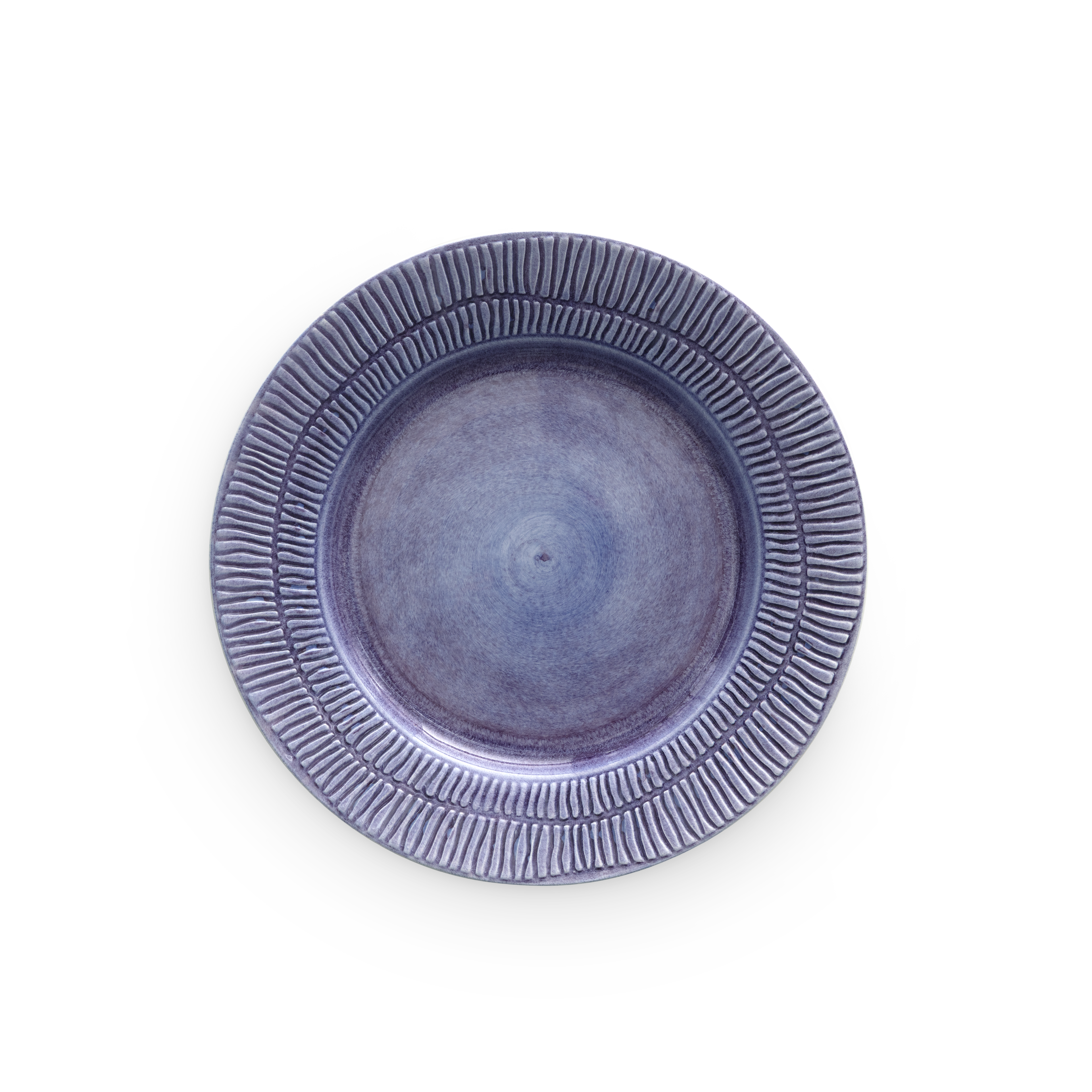 Purple ceramic plate with textured rim on a white background